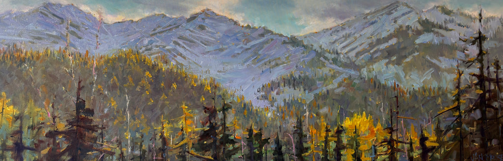 Painting of a mountain landscape with trees and a cloudy sky